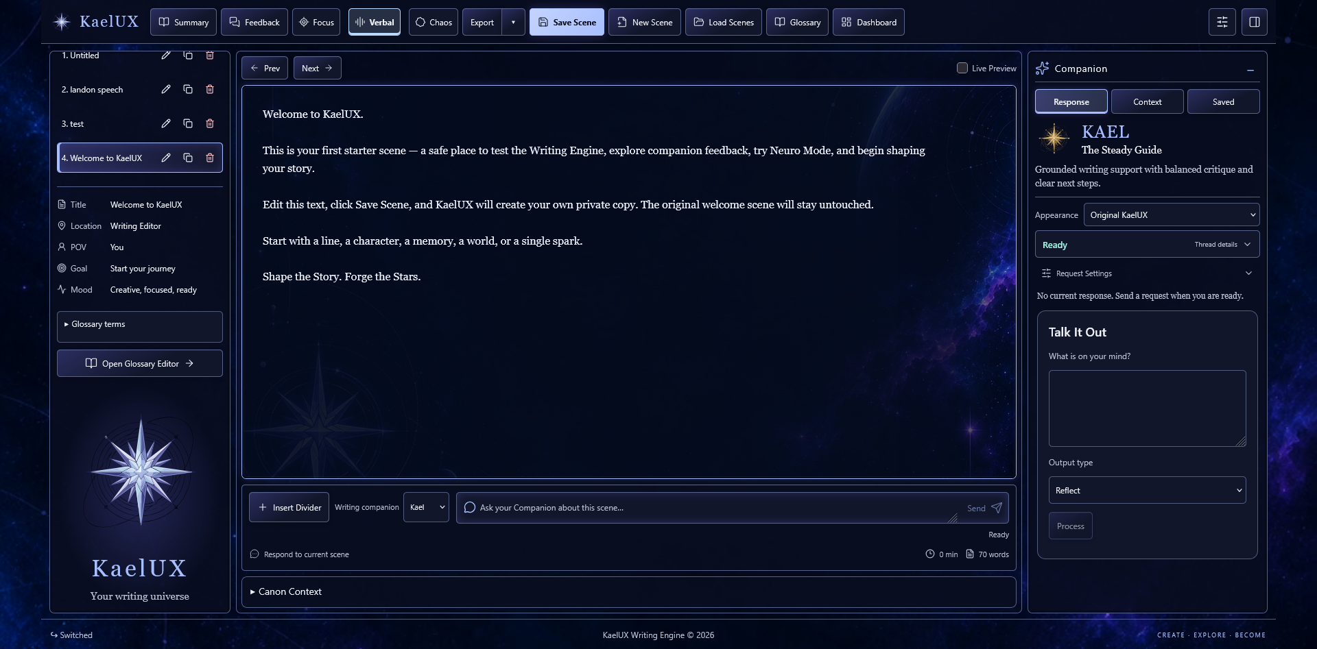 KaelUX Writing Engine desktop capture showing a starter scene in the editor and the companion panel ready, with no current response.